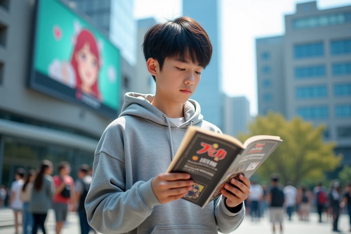 Adolescent lisant un manga en extérieur dans un environnement urbain dynamique