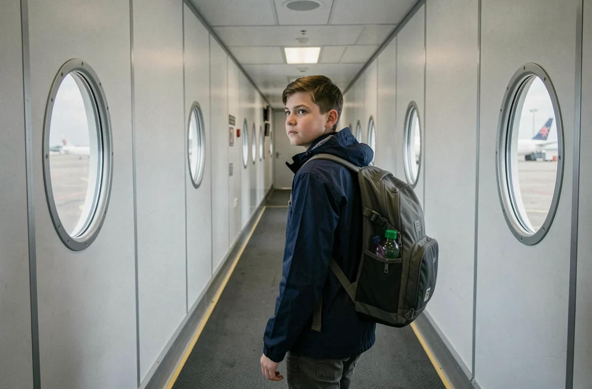 Adolescent de 16 ans marchant seul dans une passerelle d'embarquement vers l'avion, symbolisant le voyage en autonomie