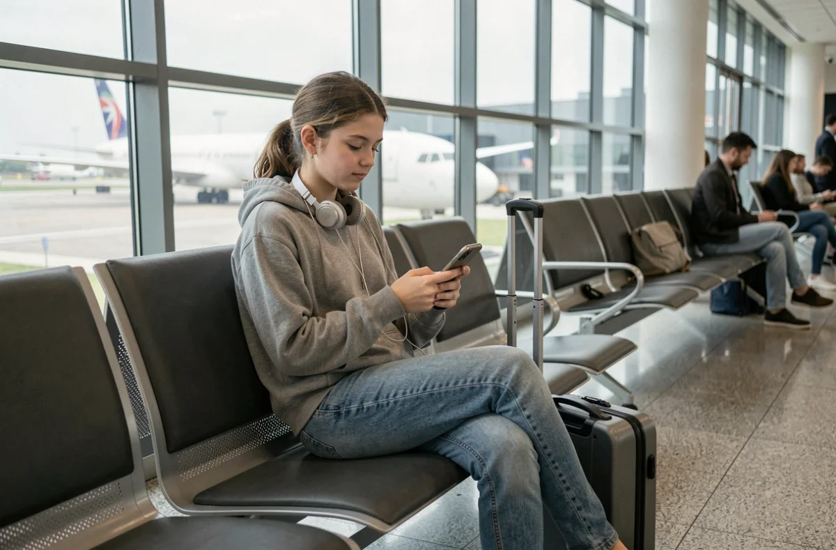 Jeune fille de 16 ans assise seule dans une salle d'attente d'aéroport avec une valise cabine, attendant son vol