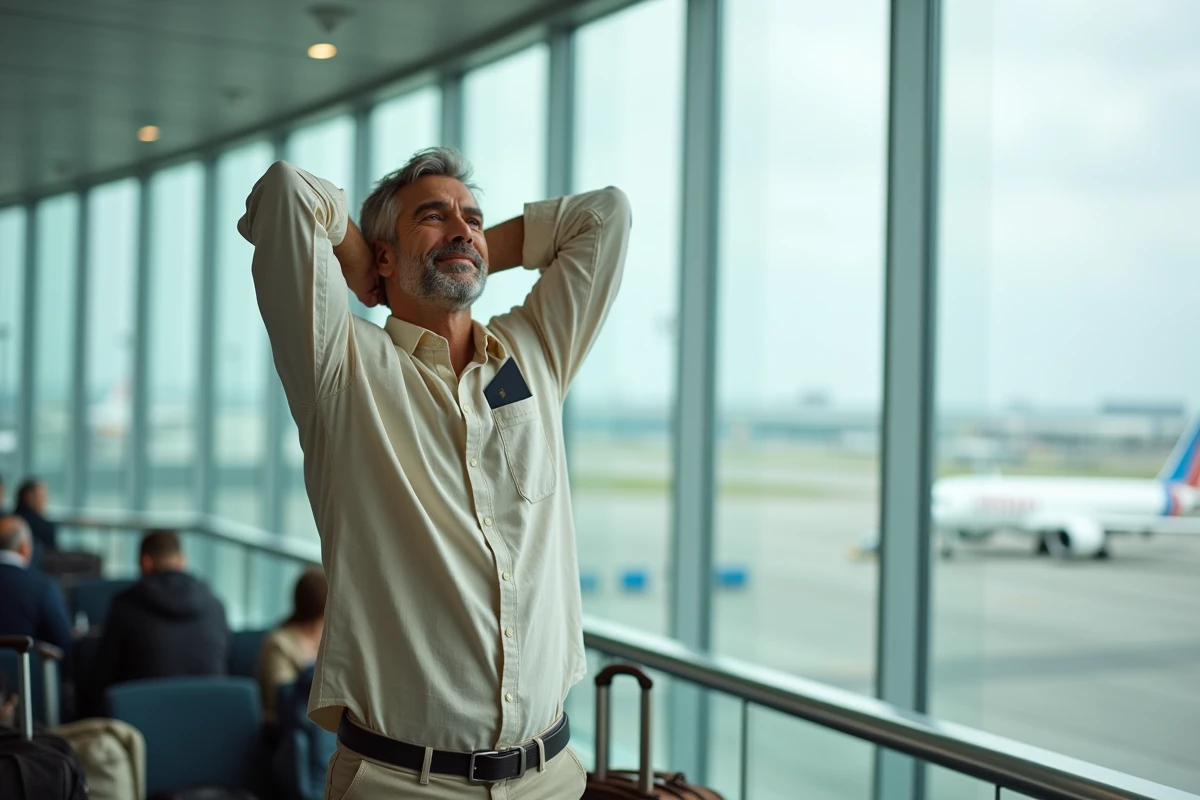 Homme s'étirant à la porte d'embarquement d'un grand aéroport international avant un vol longue distance vers Sydney