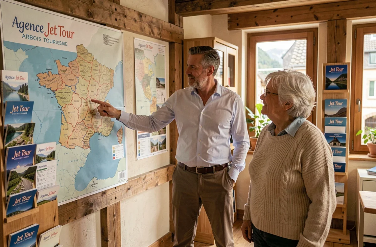 Conseiller de l'agence Jet Tour Arbois Tourisme présentant une carte des destinations à un couple de seniors