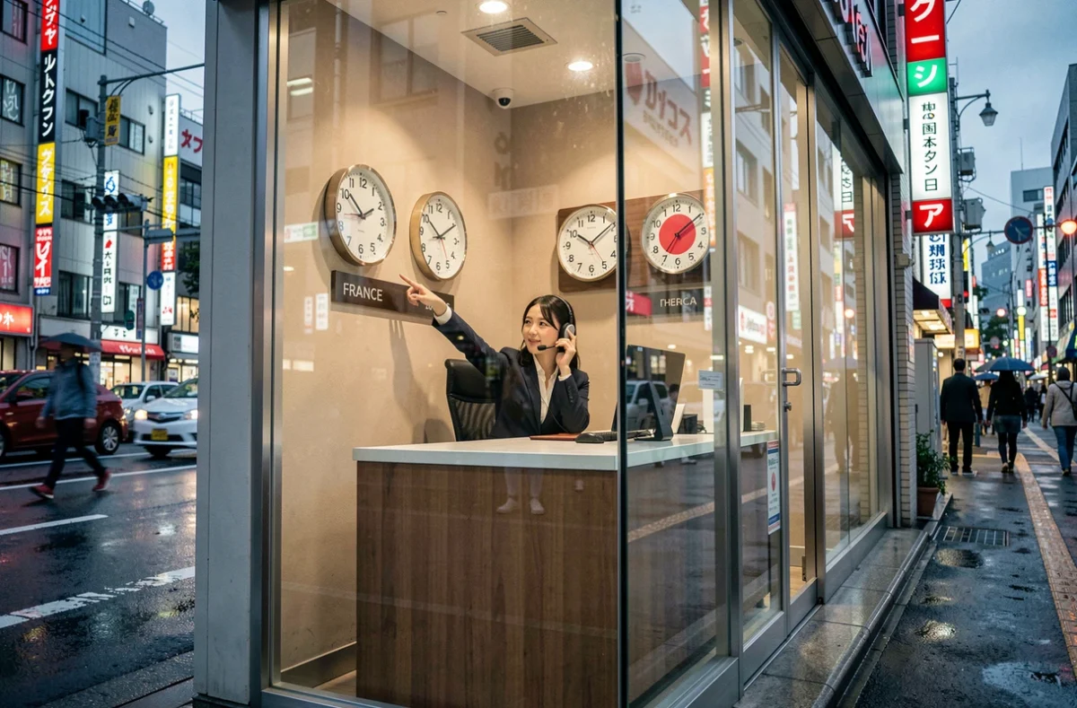 Agence de voyage à Tokyo avec affichage des fuseaux horaires France et Japon, vue depuis la rue