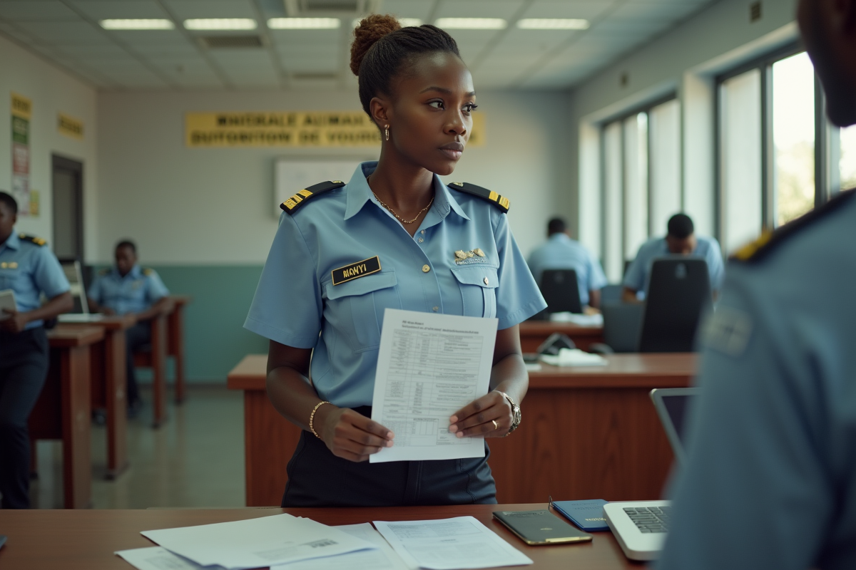 Agent de douane africaine vérifiant un document de voyage