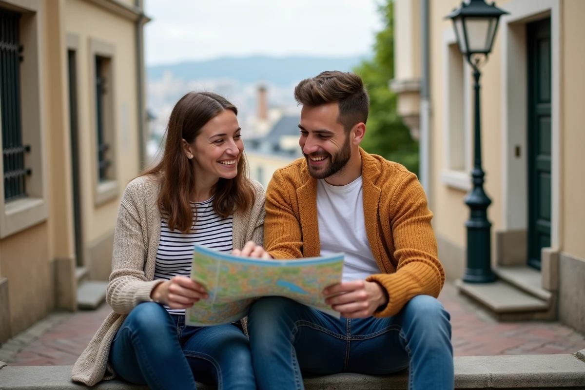 Deux amis consultant une carte touristique de Paris assis sur les escaliers de Montmartre