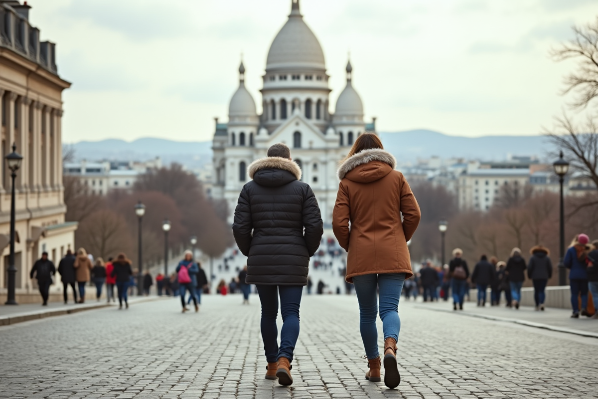 Deux amis marchant devant la basilique Sacré Cœur à Paris