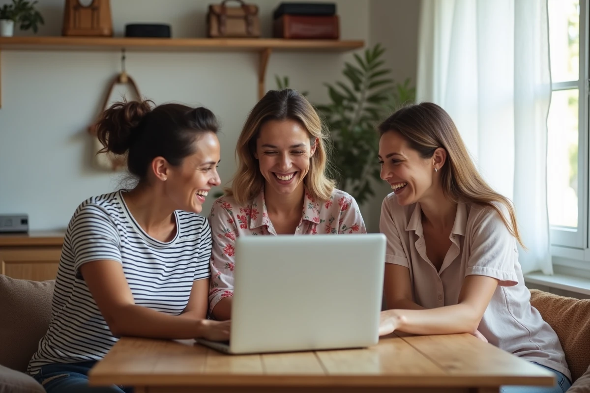 Groupe d'amis en vacances riant devant un ordinateur portable, illustrant le débat autour de l'orthographe et des expressions utilisées sur les réseaux sociaux