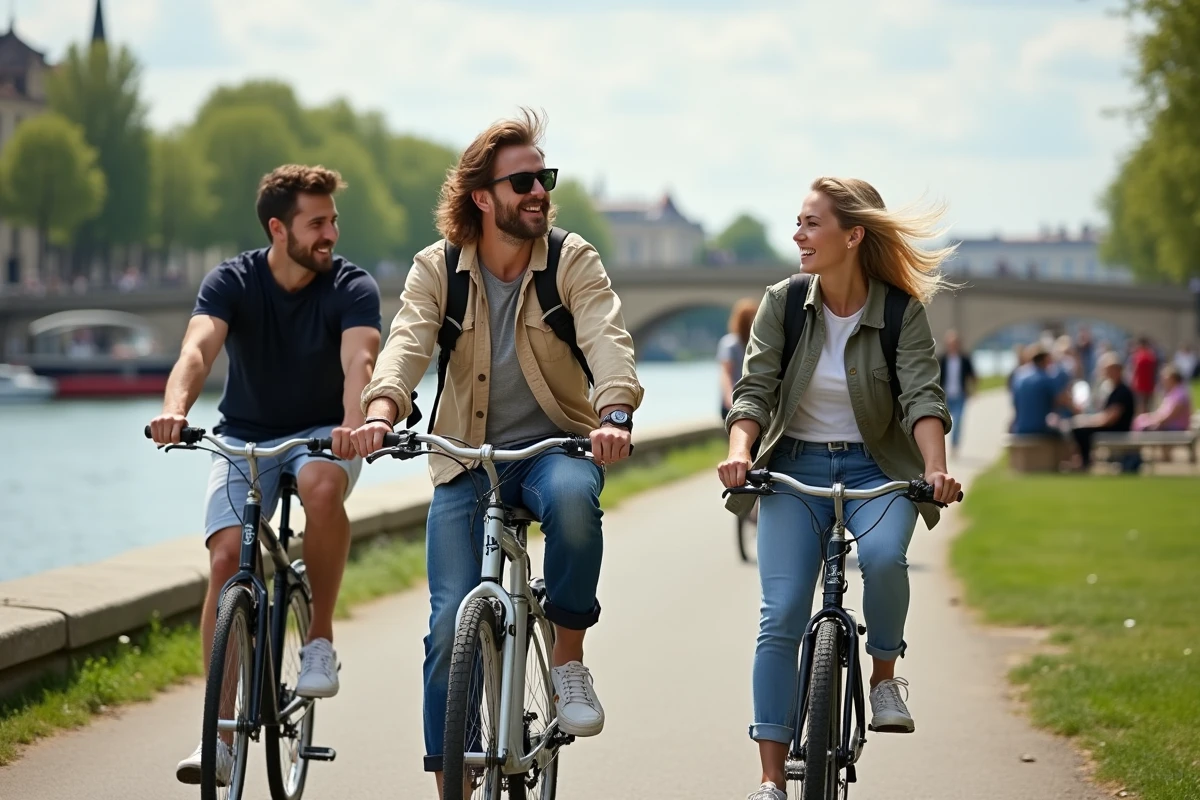 Groupe d amis à vélo sur la promenade du Saône à Lyon