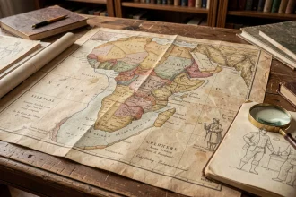 Ancienne carte coloniale de l'Afrique de l'Ouest montrant les frontières du Sénégal sur papier jauni posé sur une table en bois de bibliothèque