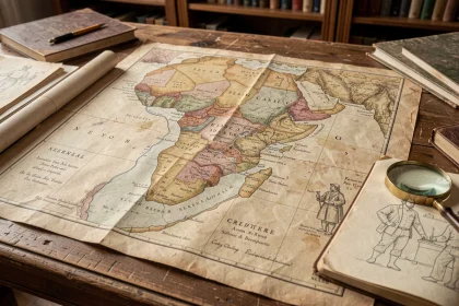 Ancienne carte coloniale de l'Afrique de l'Ouest montrant les frontières du Sénégal sur papier jauni posé sur une table en bois de bibliothèque