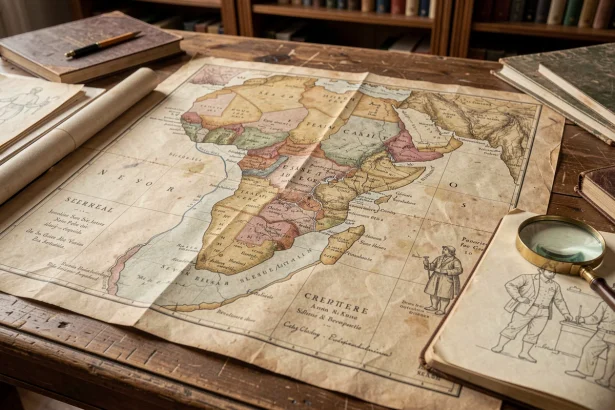 Ancienne carte coloniale de l'Afrique de l'Ouest montrant les frontières du Sénégal sur papier jauni posé sur une table en bois de bibliothèque