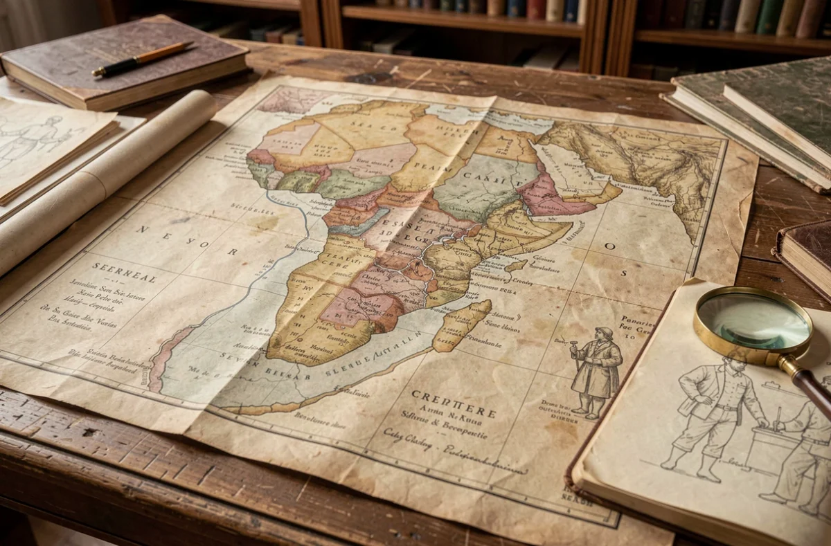 Ancienne carte coloniale de l'Afrique de l'Ouest montrant les frontières du Sénégal sur papier jauni posé sur une table en bois de bibliothèque
