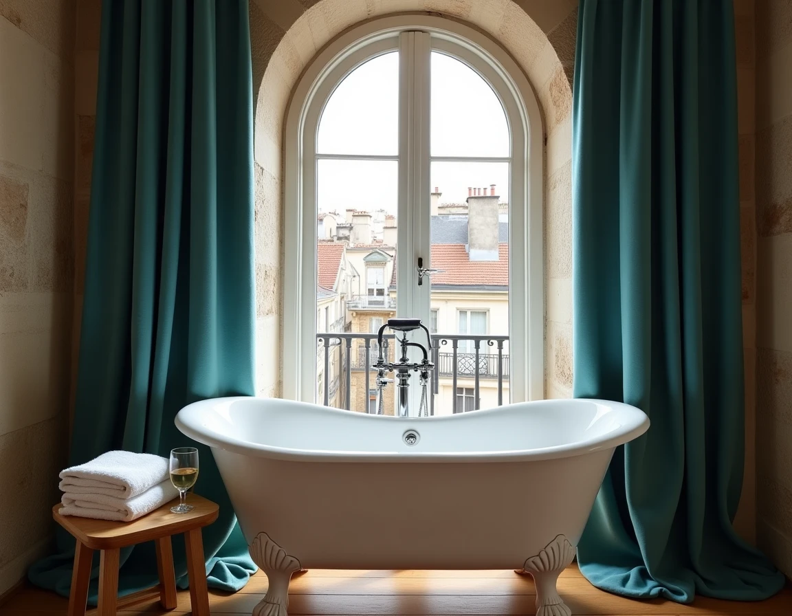 Baignoire îlot dans un appartement insolite parisien avec poutres apparentes, pierres brutes et vue sur les toits