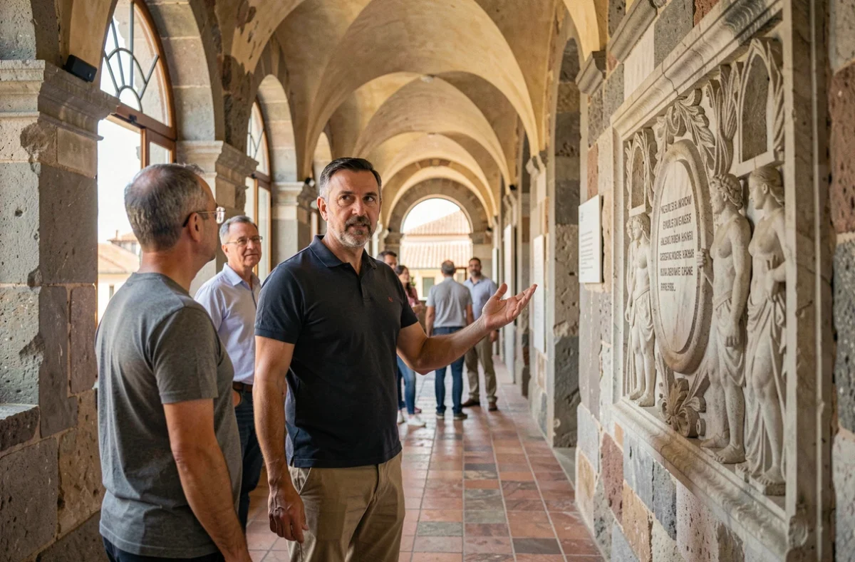 Couloir des appartements royaux du Palais des Normands à Palerme avec guide touristique et visiteurs devant une fenêtre en arc