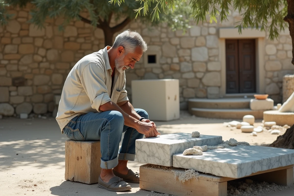 Artisan sculptant un marbre à Tinos