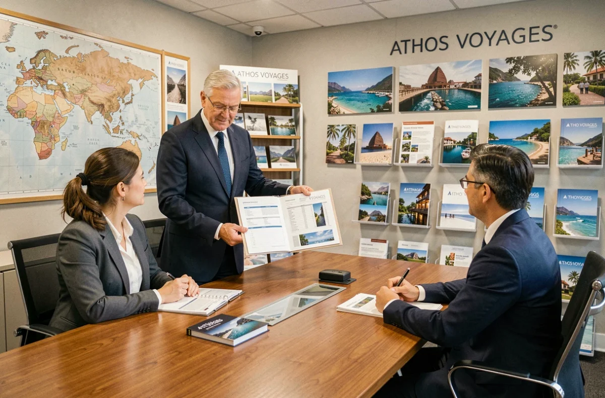 Conseiller senior d'Athos Voyages présentant un dossier de voyage complet à un couple d'affaires dans un bureau professionnel