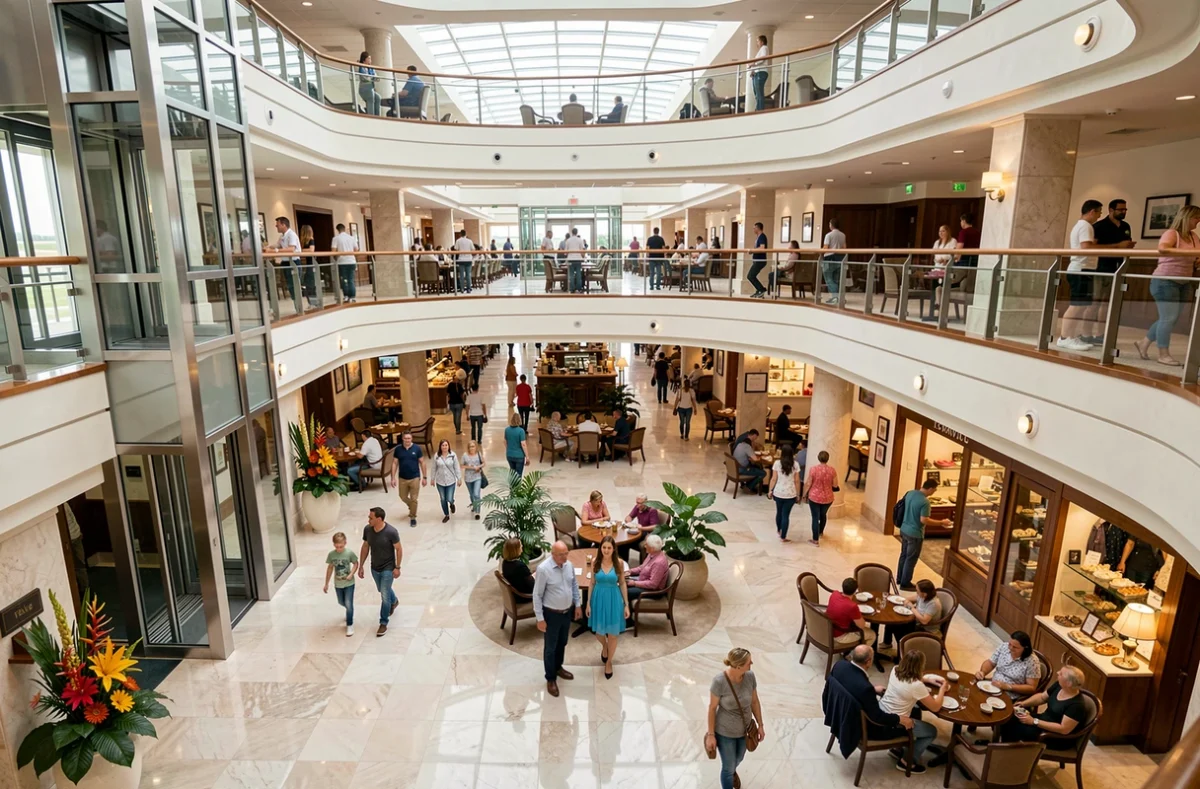 Atrium intérieur d'un grand paquebot de croisière avec passagers et boutiques sur plusieurs niveaux