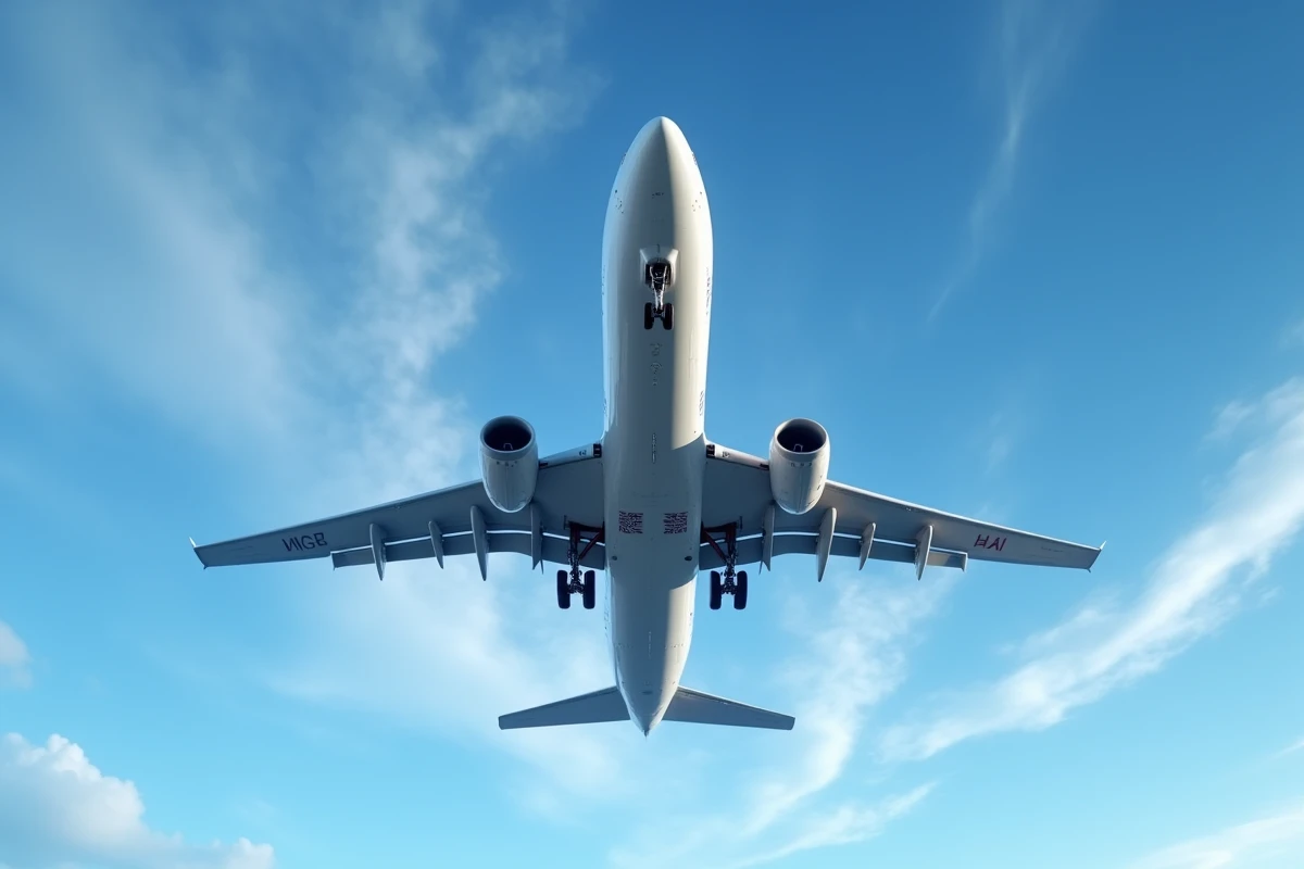 Avion de ligne commercial en plein vol photographié depuis le sol avec un ciel bleu et des traînées de nuages cirrus
