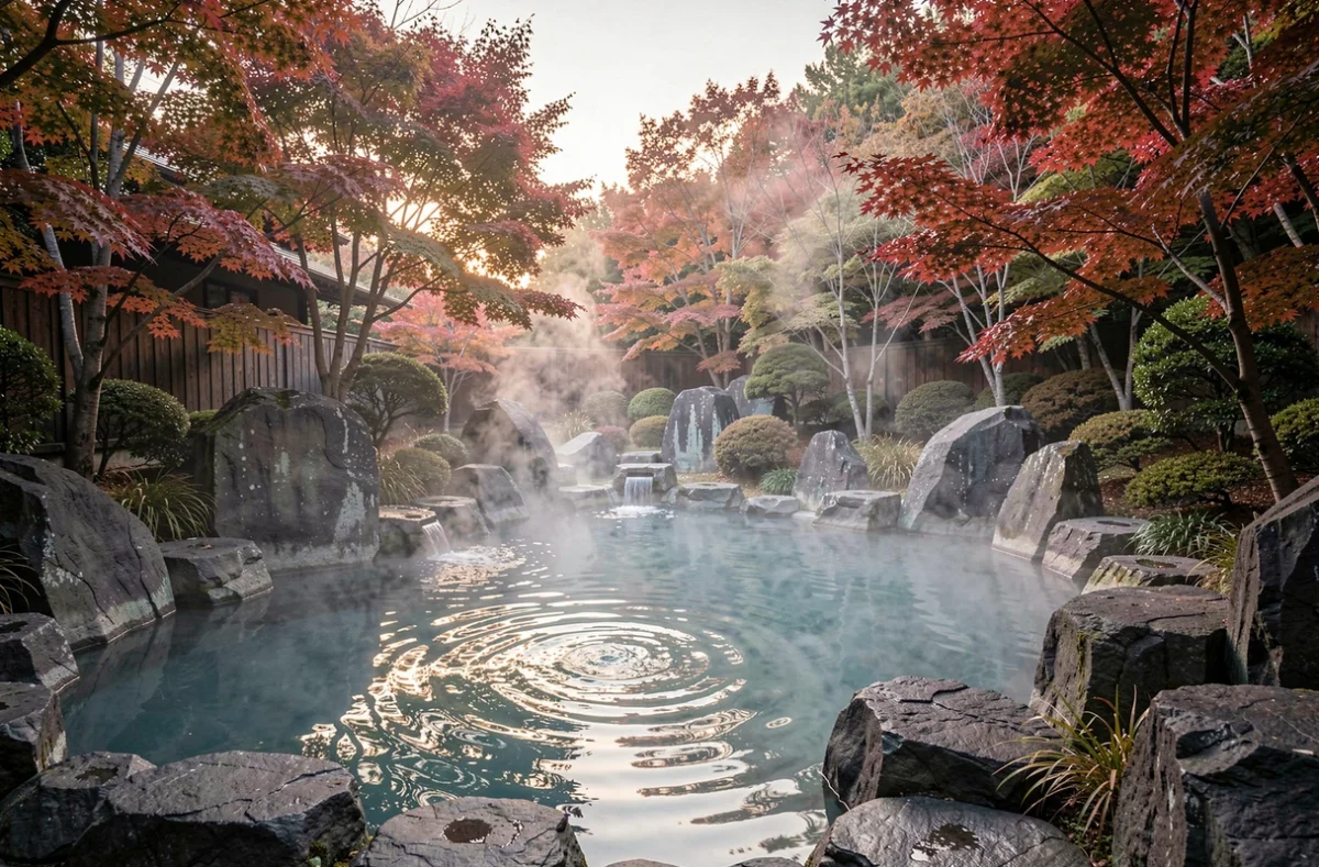 Bain extérieur d'onsen entouré de rochers et de vapeur