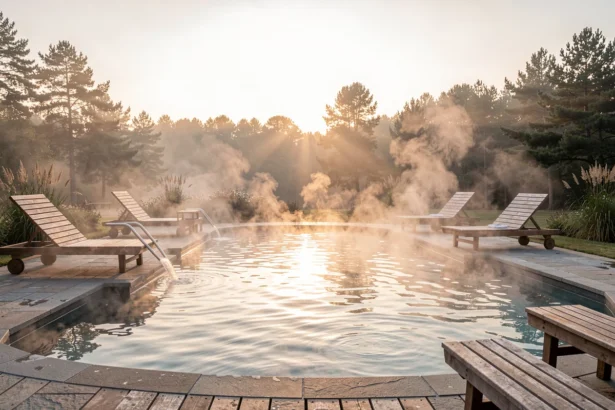 Bassin thermal fumant au lever du jour dans un spa