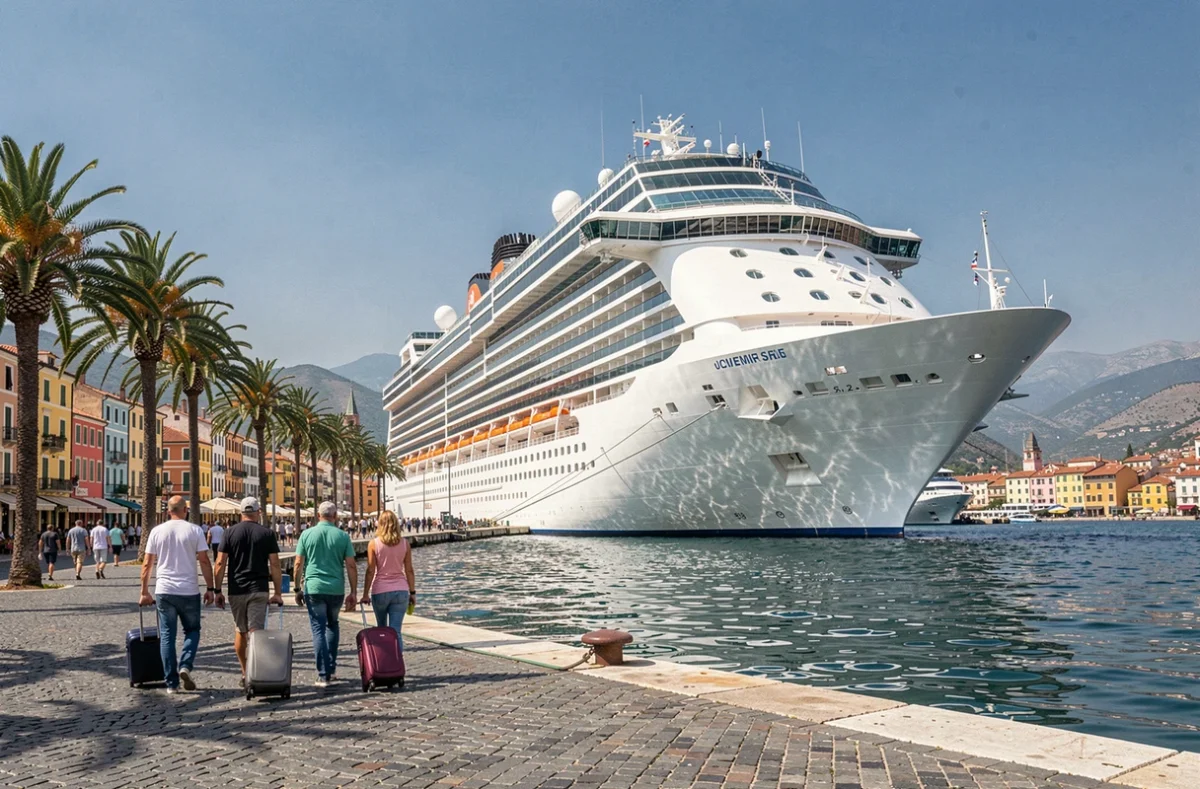 Grand bateau de croisière amarré dans un port méditerranéen avec des touristes sur le quai