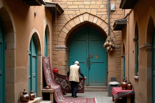 Marchand iranien âgé arrangeant des tapis kilims dans une ruelle historique du bazar de Hamadan