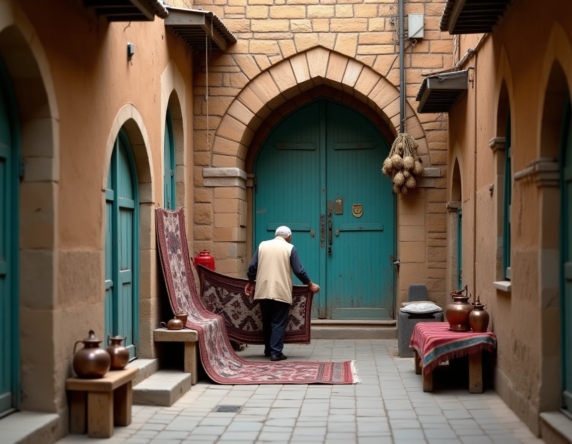 Marchand iranien âgé arrangeant des tapis kilims dans une ruelle historique du bazar de Hamadan