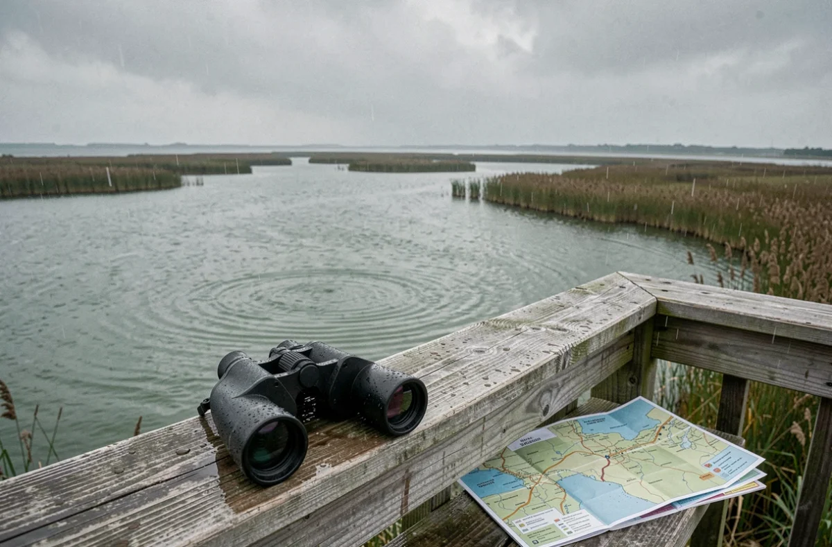 Belvédère en bois mouillé sur les marais de la Pointe du Salaison avec jumelles et carte de randonnée sous la pluie