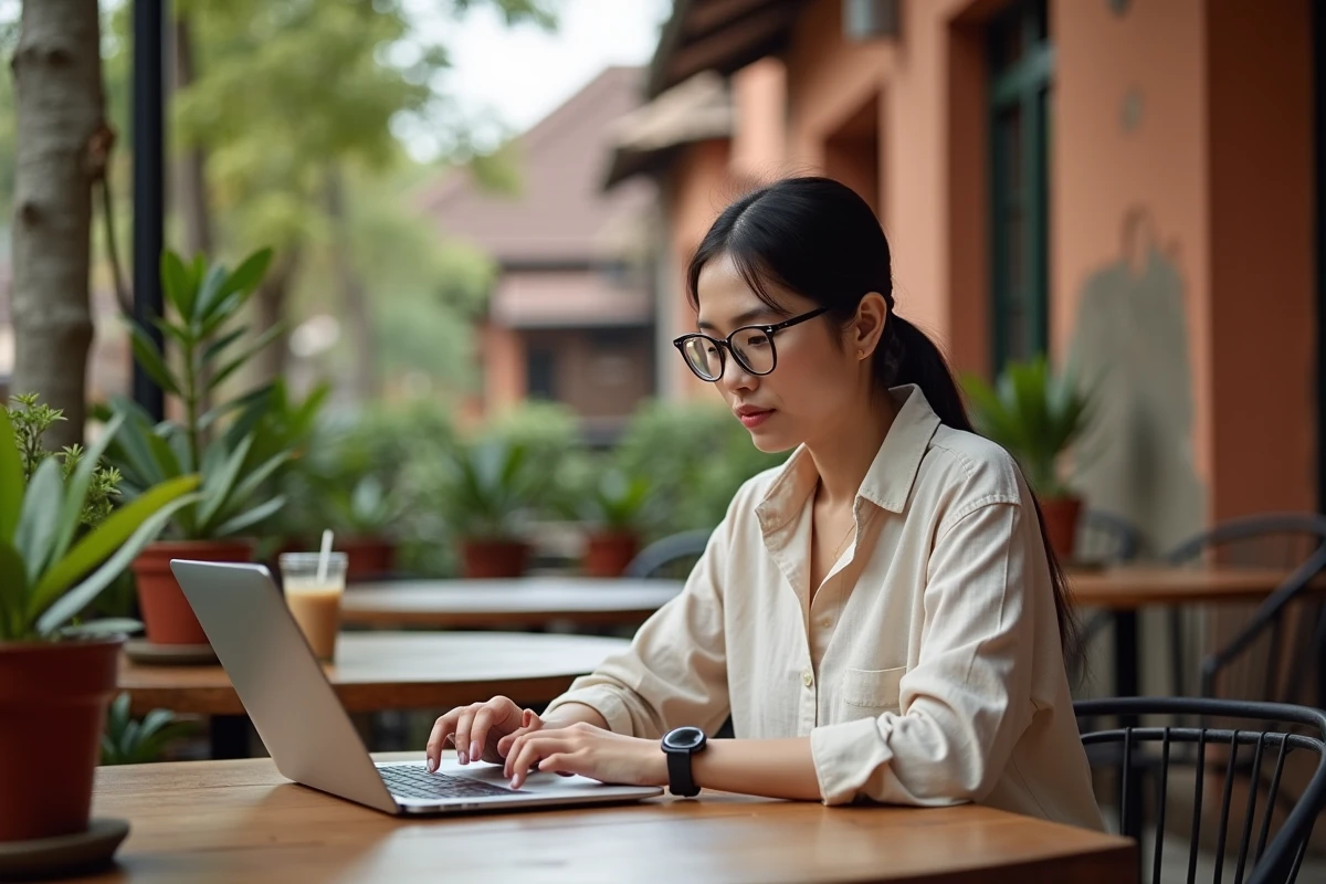Femme consultant un blog de voyage sur la Thaïlande depuis un café en plein air à Chiang Mai