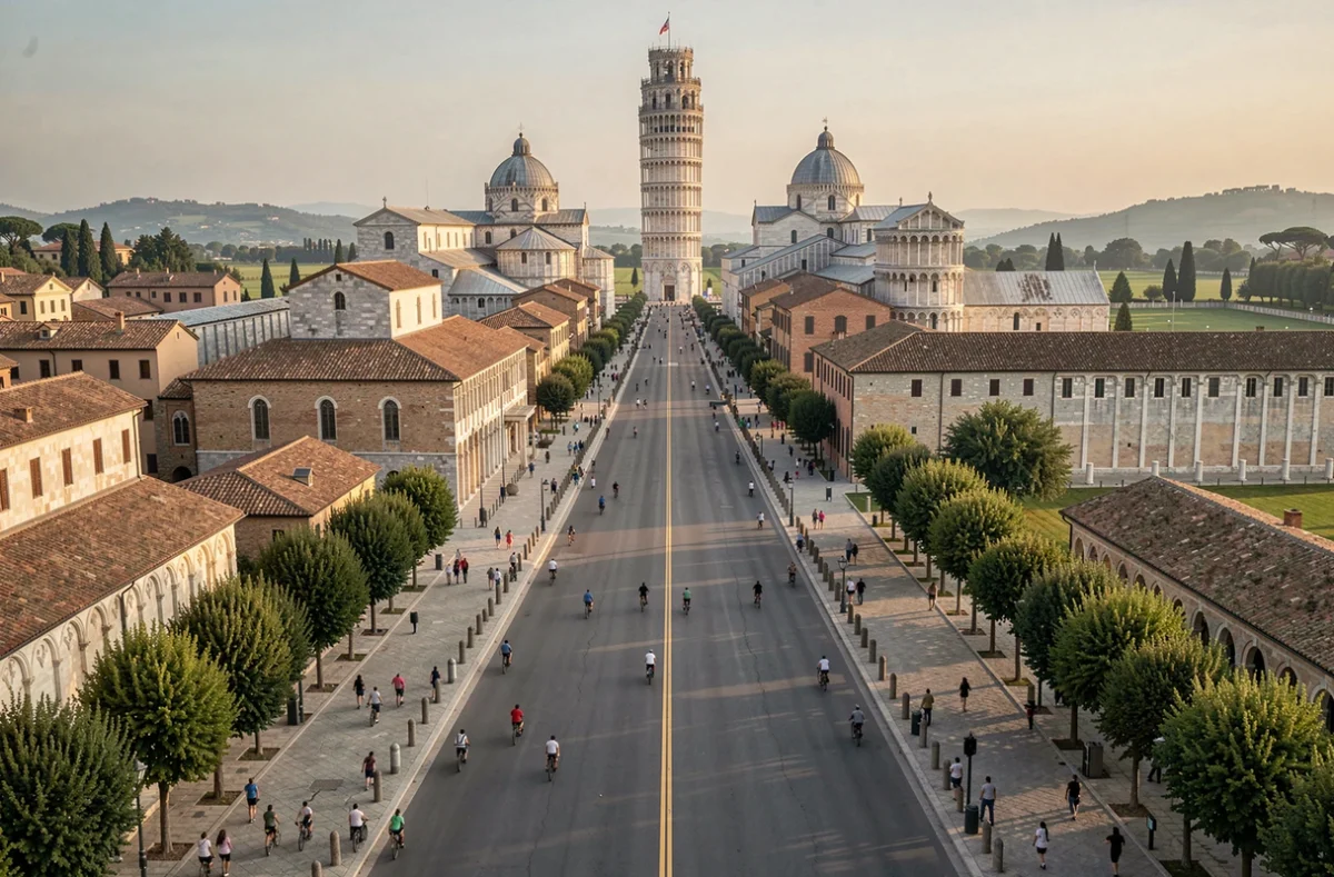 Vue en perspective d'un boulevard de Pise menant à la Tour de Pise et au Campo dei Miracoli avec des cyclistes et piétons