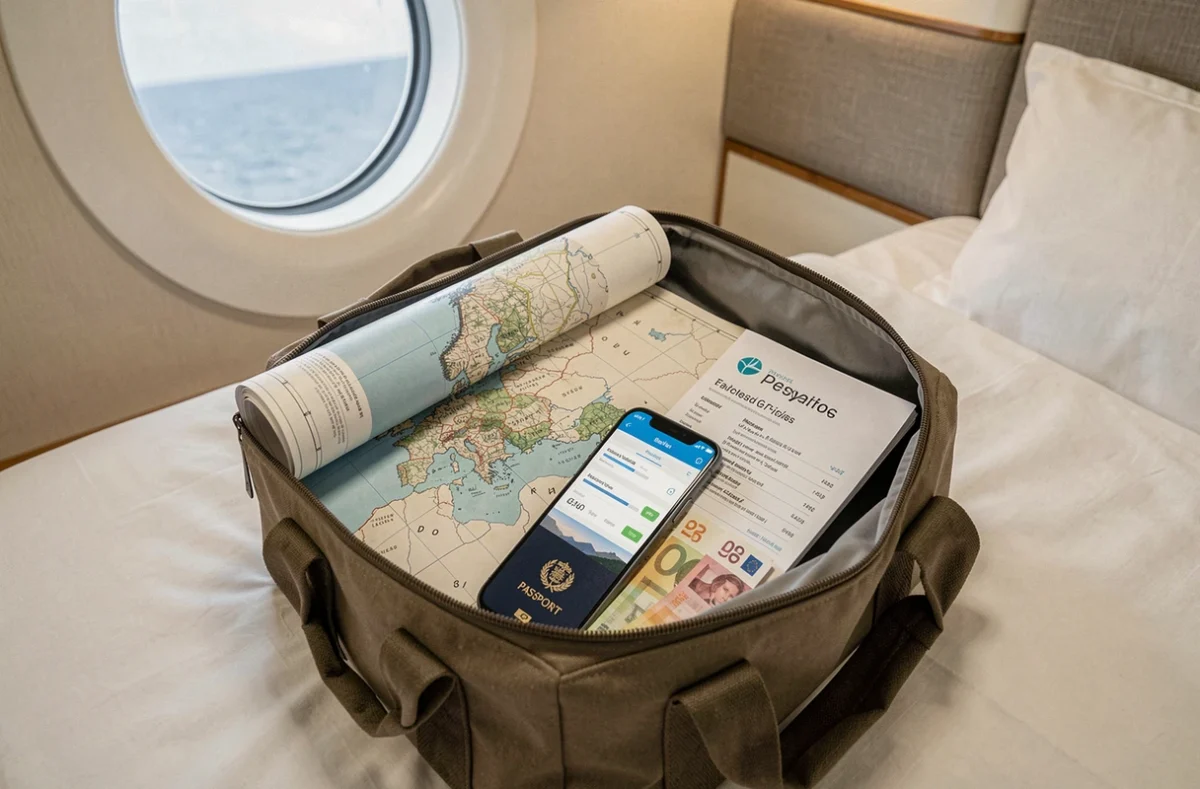Préparatifs de voyage en croisière méditerranée avec passeport, euros, carte et application de budget sur lit de cabine