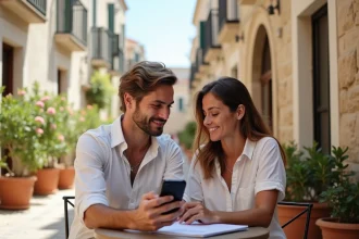 Couple planifiant leur budget de voyage à Monopoli en Puglia dans un café en plein air