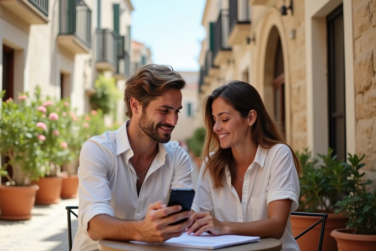 Couple planifiant leur budget de voyage à Monopoli en Puglia dans un café en plein air