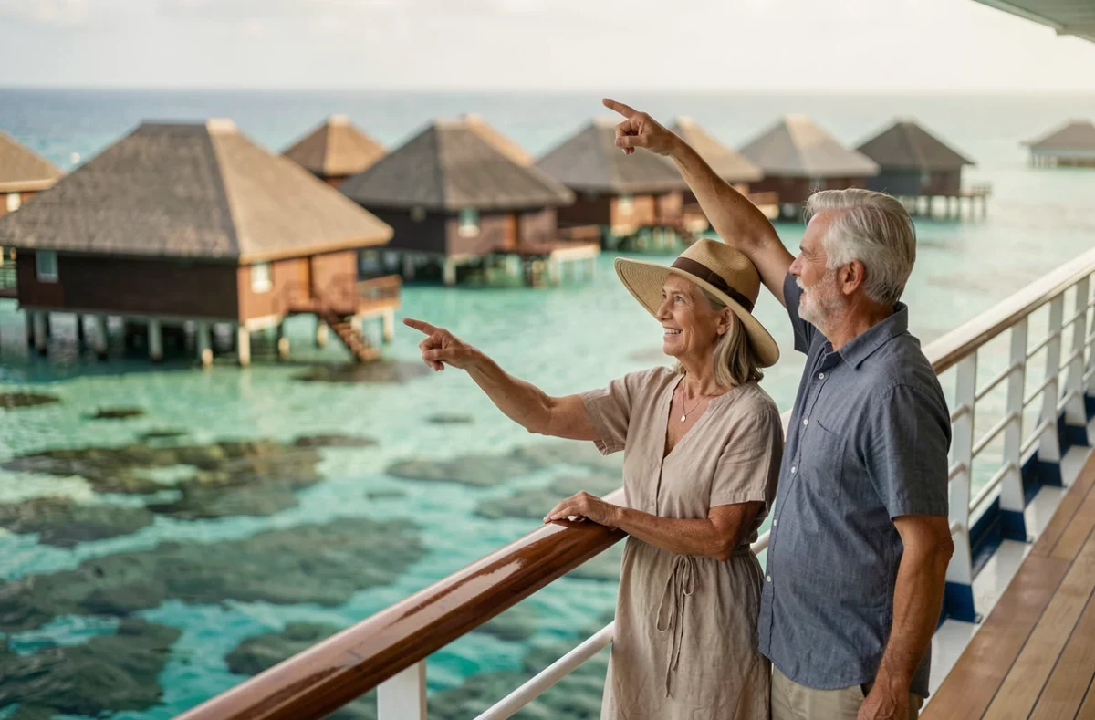 Couple de voyageurs observant des bungalows sur pilotis polynésiens depuis un bateau de croisière