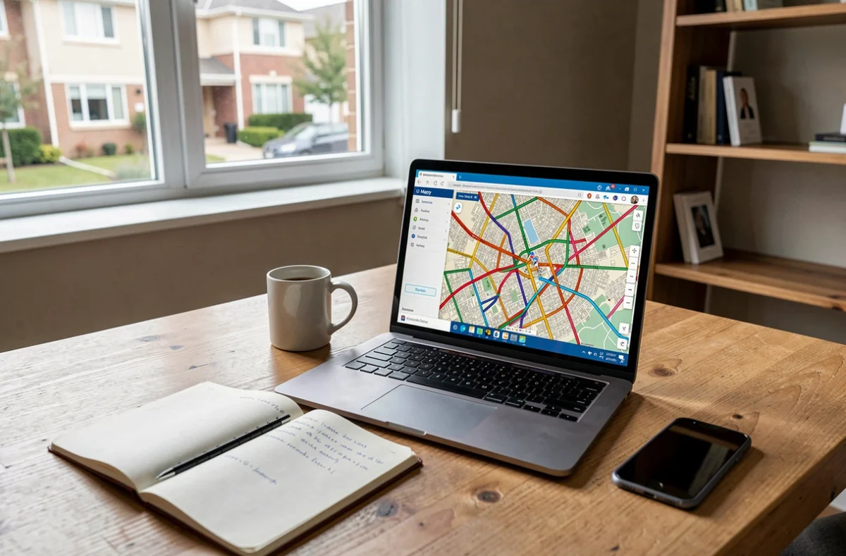 Bureau à domicile avec ordinateur affichant un itinéraire Mappy pour éviter les embouteillages avant de partir