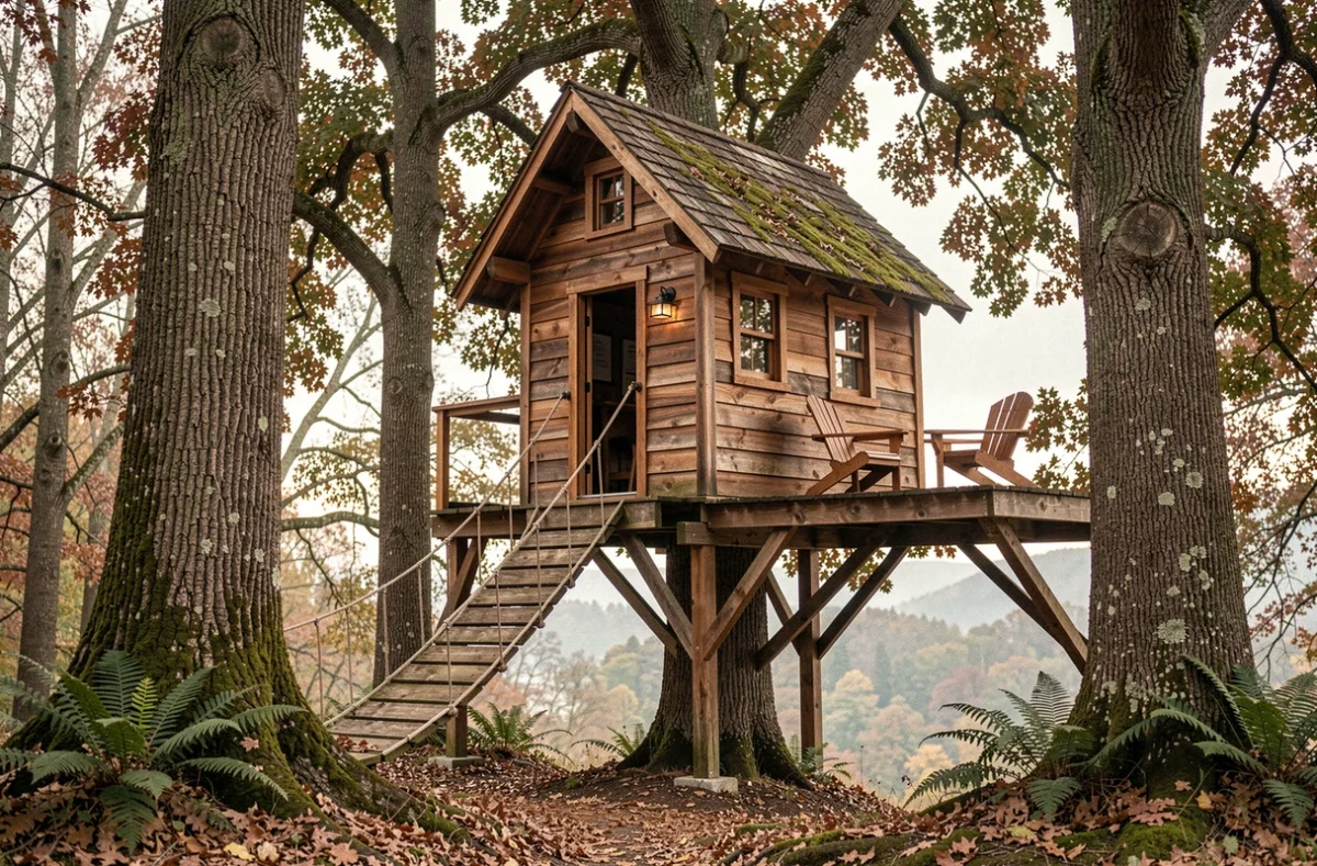 Cabane en bois perchée dans les arbres aux Cabanes du Bois Clair avec terrasse et pont de corde en forêt bourguignonne