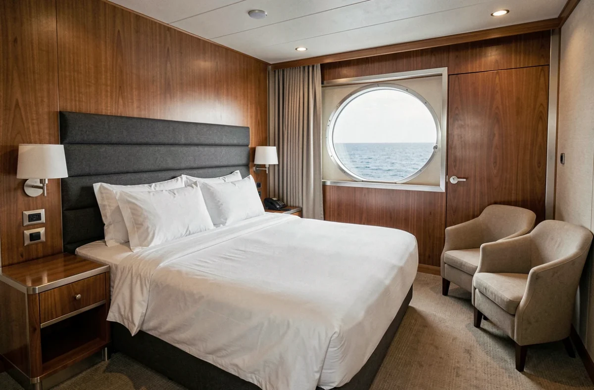 Cabine double moderne sur un paquebot de croisière avec hublot vue mer, literie blanche et boiseries chaleureuses