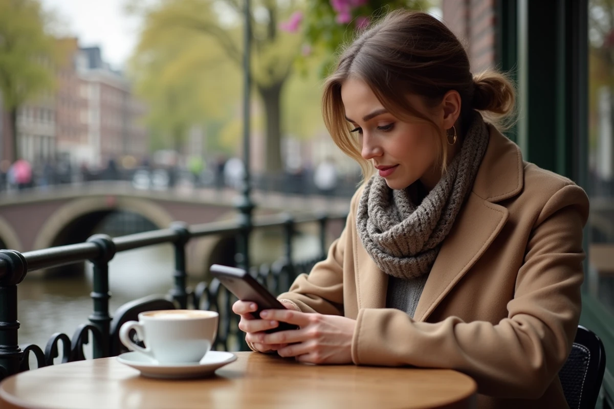 Femme seule assise dans un café à Amsterdam regardant son téléphone