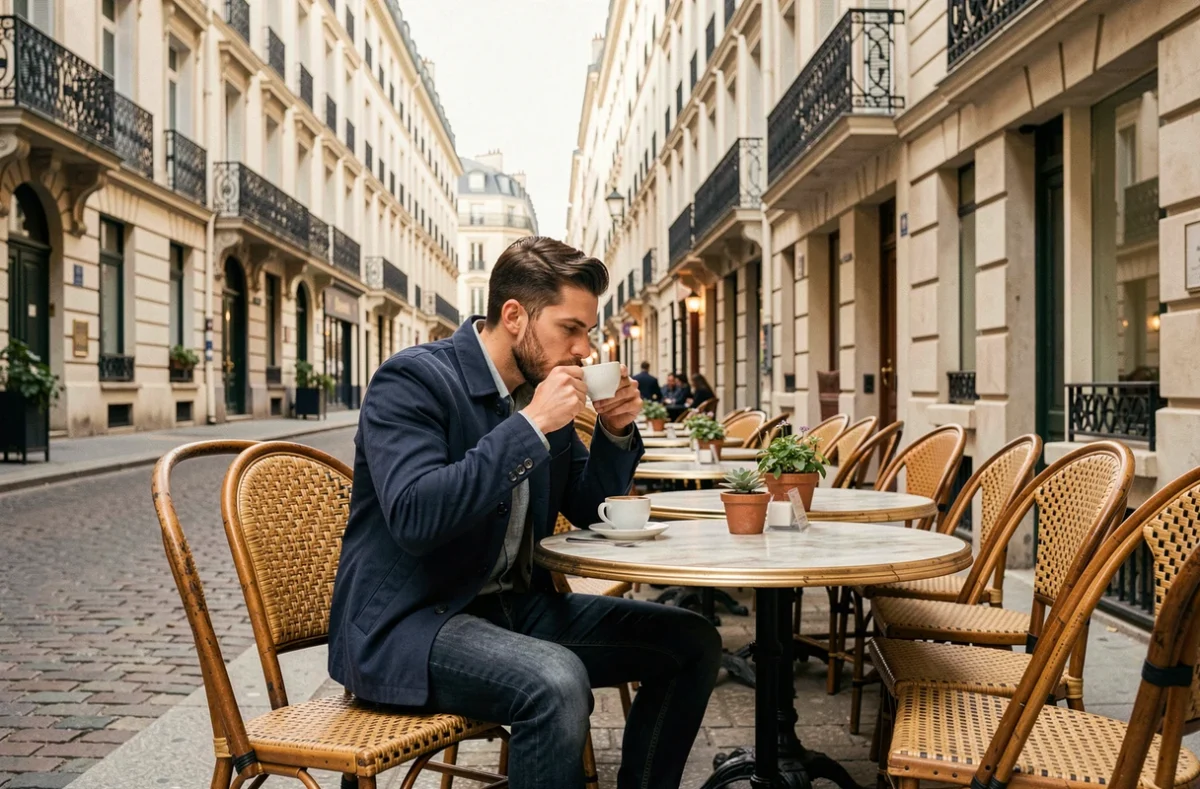 Voyageur savourant un café en terrasse dans le quartier du Marais à Paris