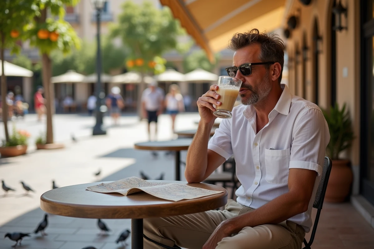 Touriste assis à la terrasse d'un café ombragé sur la Plaza de la Merced à Malaga par temps chaud