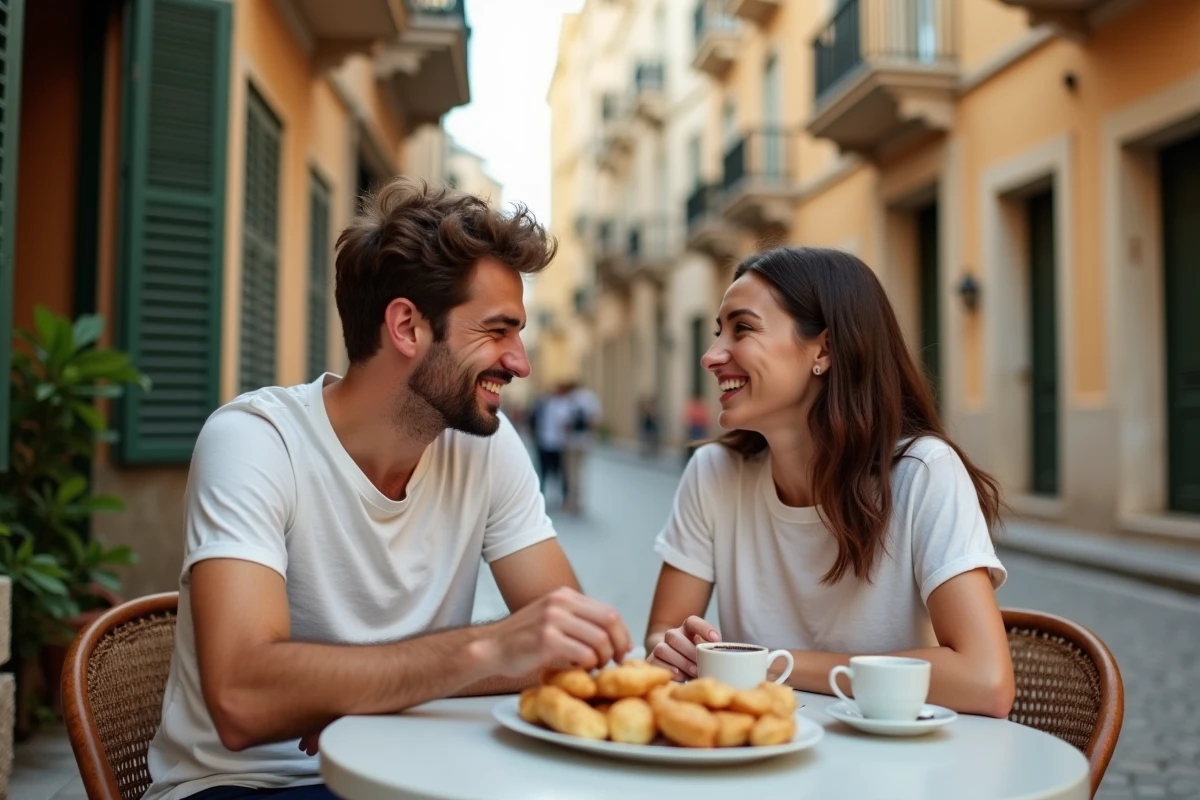 Deux amis dégustant des pastizzi maltais et un espresso à une terrasse de café dans le quartier de Paceville à St Julian's, Malte