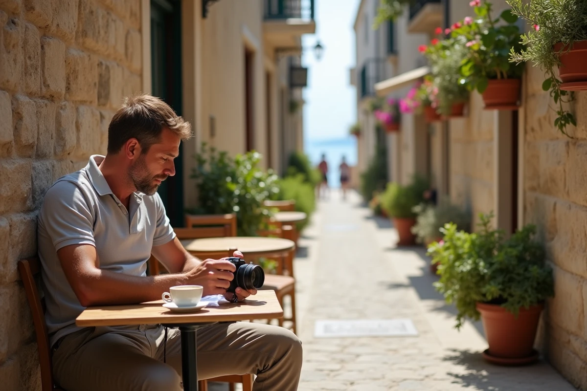 Voyageur savourant un café en terrasse dans une ruelle pittoresque du Vieux-Dubrovnik, entouré de murs en pierre et de plantes méditerranéennes