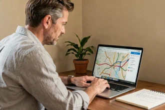 Homme planifiant un trajet routier sur un site de calcul d'itinéraire ViaMichelin depuis son bureau à domicile