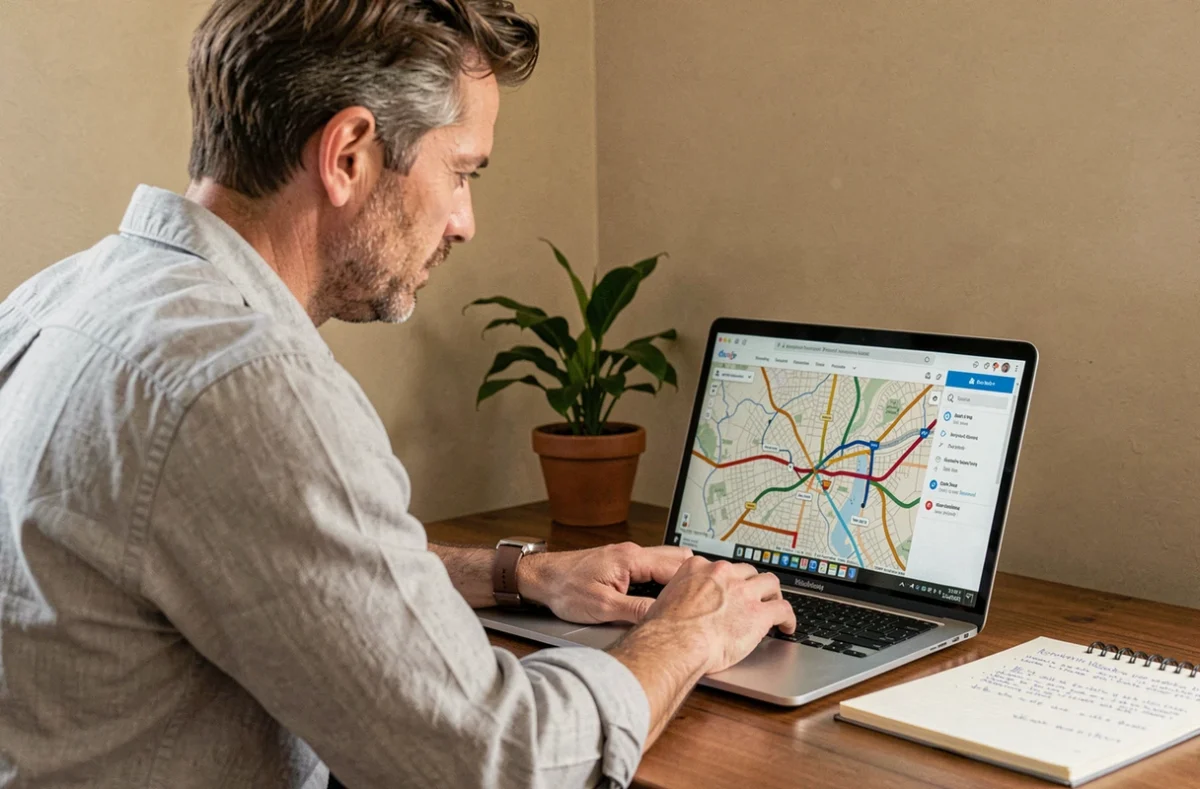Homme planifiant un trajet routier sur un site de calcul d'itinéraire ViaMichelin depuis son bureau à domicile