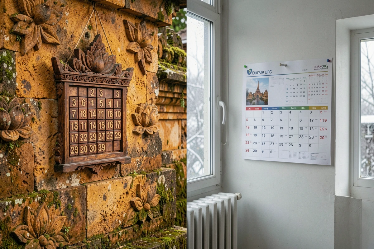 Comparaison entre un calendrier balinais accroché sur un mur de temple et un calendrier français dans un appartement parisien, symbolisant la différence de rapport au temps entre Bali et la France
