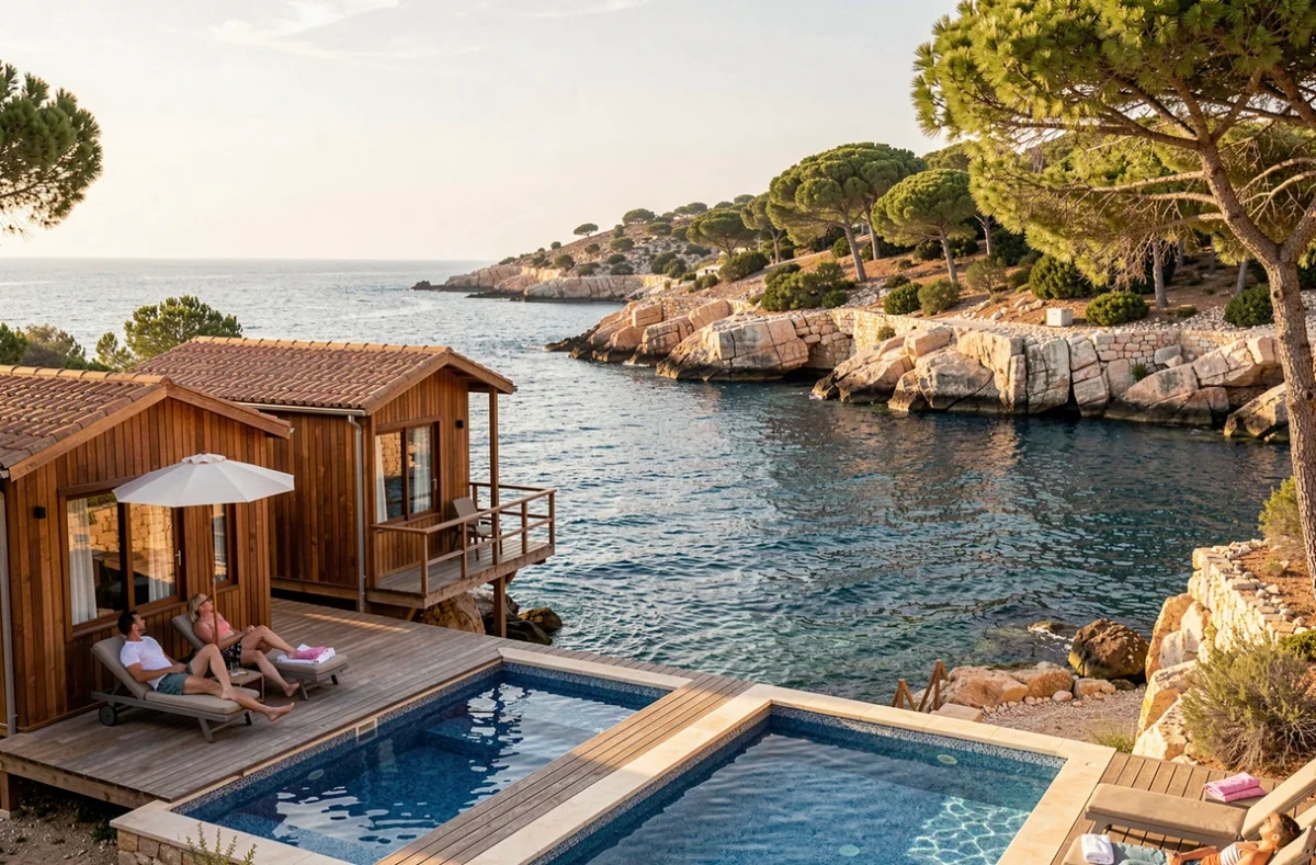 Camp du Domaine à Bormes-les-Mimosas avec piscine en terrasse au bord de la mer Méditerranée