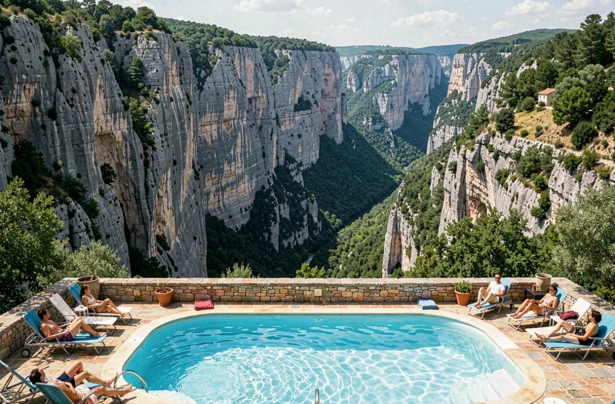 Piscine du camping le Domaine de Chanteraine à Aiguines avec vue panoramique sur les gorges du Verdon