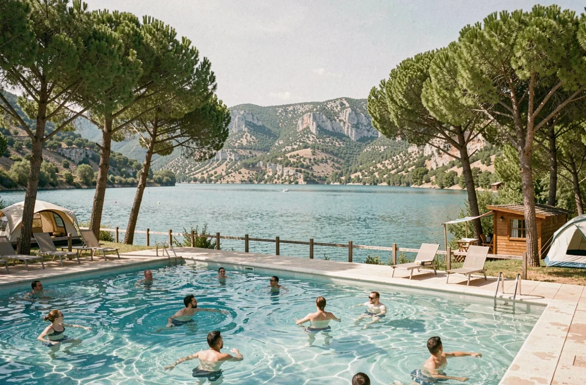 Piscine du camping Les Lacs du Verdon dans le Var avec vue sur un lac naturel turquoise entouré de pins