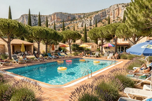Vue panoramique d'un camping avec piscine en Provence-Alpes-Côte d'Azur entouré de collines et de végétation méditerranéenne