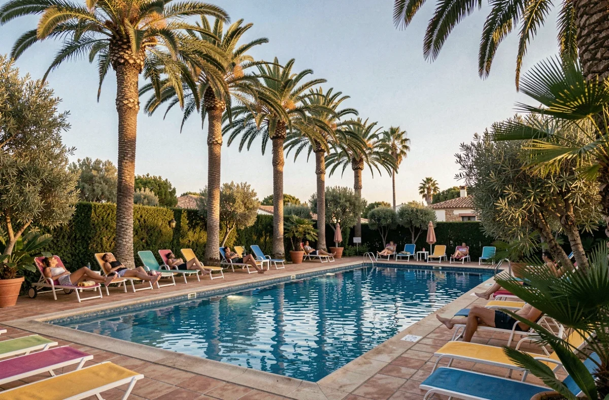 Piscine du camping Tikayan Les Palmiers à Hyères entourée de palmiers et de végétation méditerranéenne