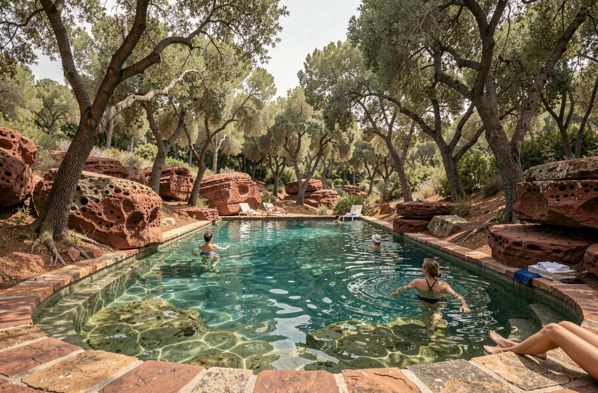 Piscine nature du camping Tikayan la Vallée du Paradis à Agay intégrée dans un cadre boisé de l'Estérel